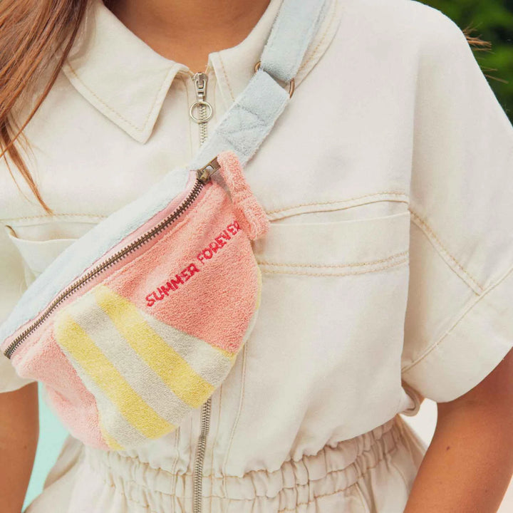 Blue terry cotton kids belt bag with Summer Forever embroidery and adjustable coral strap