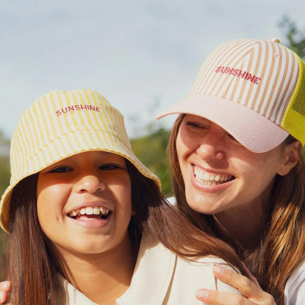 baby sunshine striped bucket hat yellow cotton with chin ties summer

