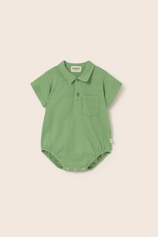 Baby boys slub cotton bodysuit with short sleeves, collar, and snap-button closure
