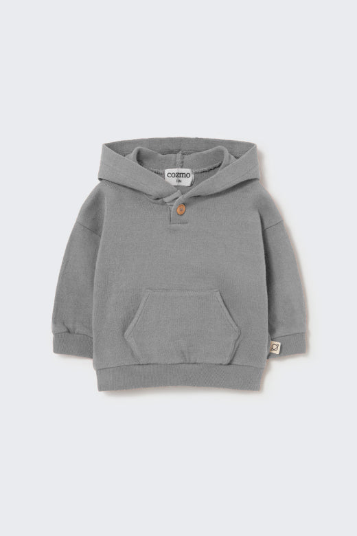 Cozmo grey brushed soft knit baby hoodie with button neckline, kangaroo pocket and ribbed cuffs and hem