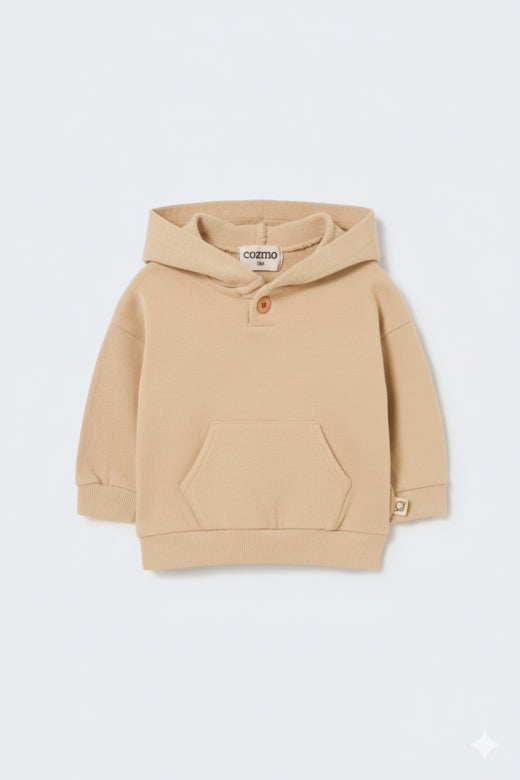 Cozmo grey brushed soft knit baby hoodie with button neckline, kangaroo pocket and ribbed cuffs and hem