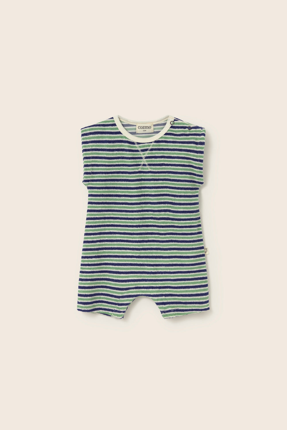 Striped terry cloth baby jumpsuit with shoulder buttons and soft cotton fabric