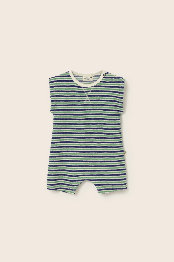 Striped terry cloth baby jumpsuit with shoulder buttons and soft cotton fabric