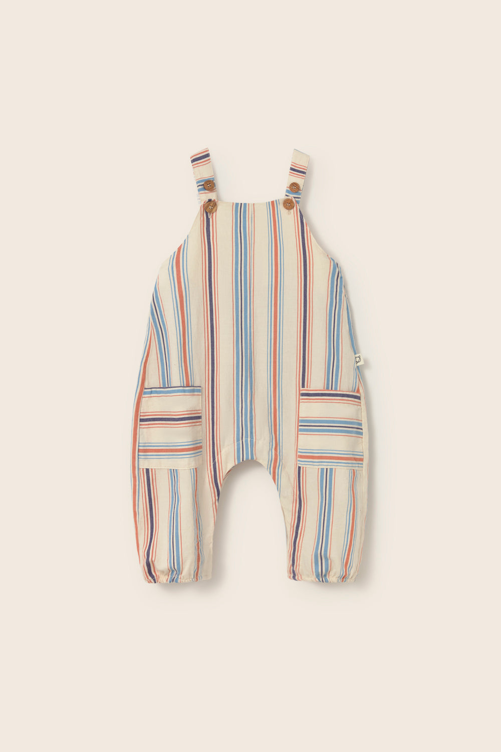 Striped cotton baby overalls with adjustable straps and front pockets