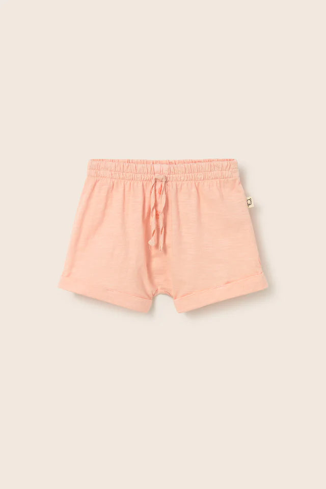 Baby terry cloth shorts with elastic waistband and drawstring in soft pastel color