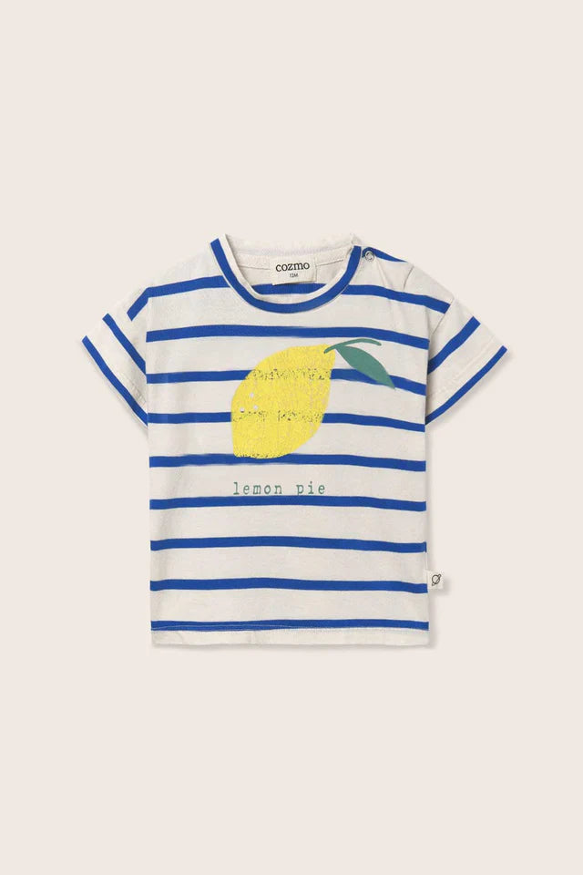 Organic striped baby t-shirt with lemon print in soft cotton fabric