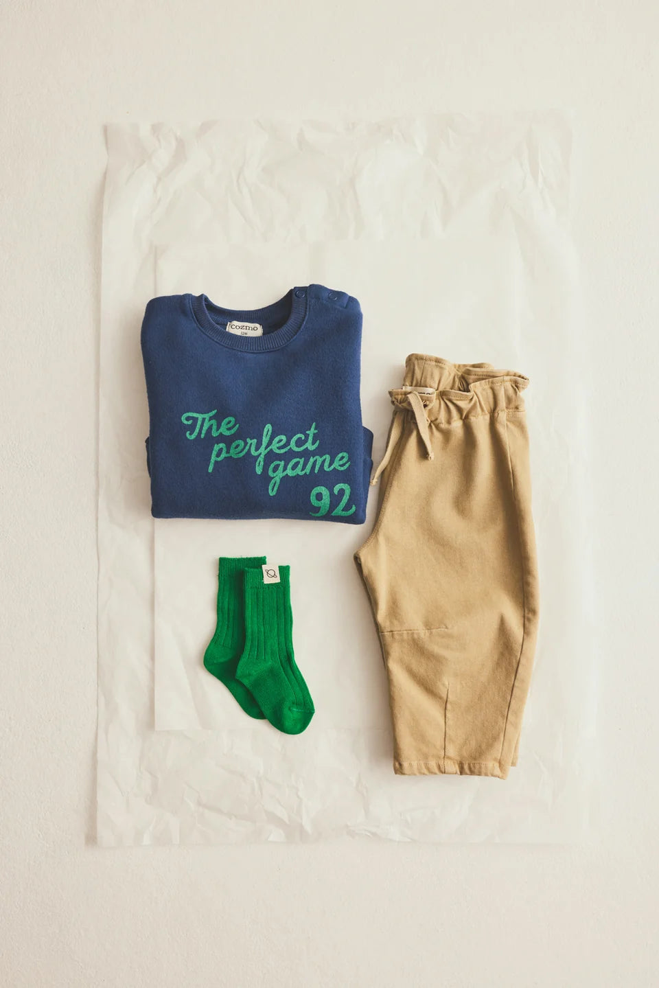 Cozmo soft baby pull-on twill pants with elastic drawstring waist, knee pleats and back pockets