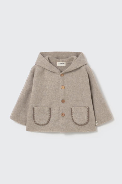 Cozmo soft bamboo baby coat in stone with hood, wooden button closure and contrast-trimmed patch pockets