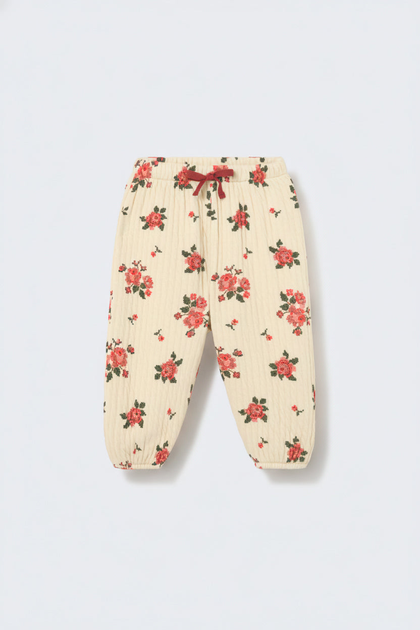 Cozmo ivory quilted floral print baby pants with drawstring waist