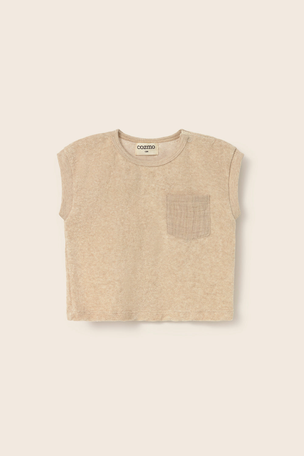 Baby terry cloth sleeveless top with front pocket in soft pastel color