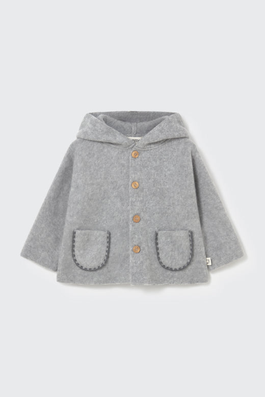 Cozmo soft bamboo baby coat in stone with hood, wooden button closure and contrast-trimmed patch pockets