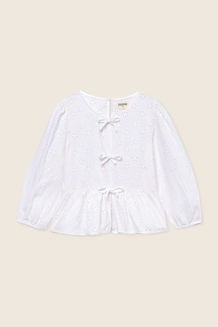 Cozmo girls Swiss embroidery cotton blouse with bow front in pink and ivory
