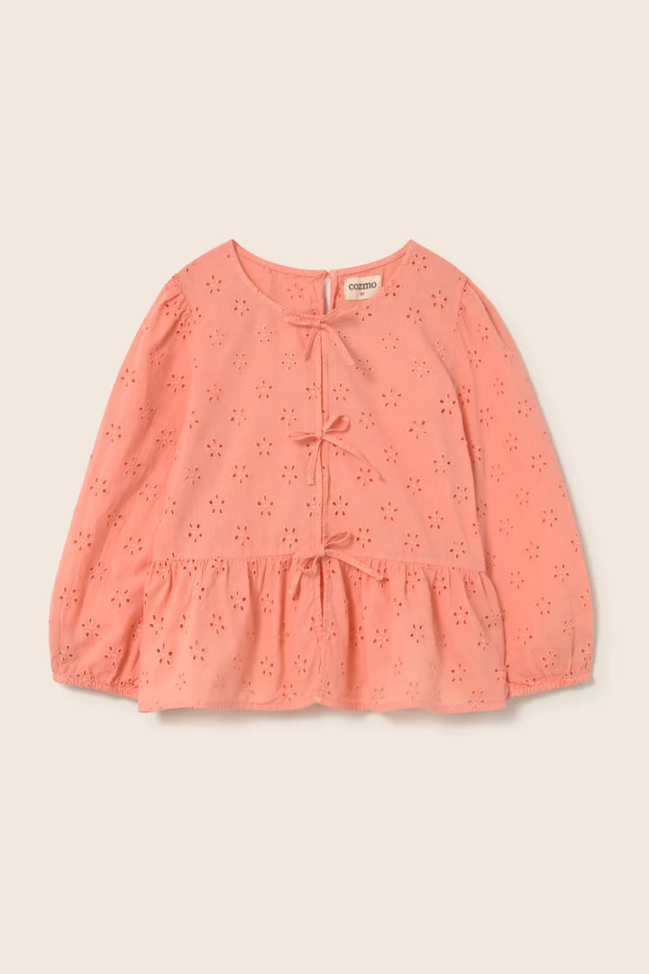 Cozmo girls Swiss embroidery cotton blouse with bow front in pink and ivory
