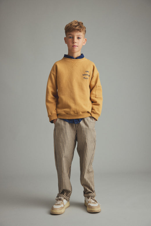 Cozmo kids striped soft twill pants in stone with vertical stripes, elasticated waist and relaxed straight-leg fit