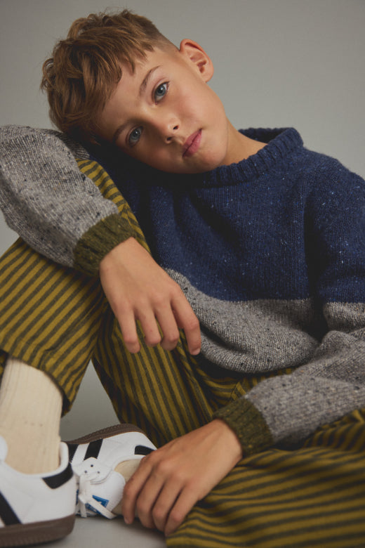 Cozmo kids striped soft twill pants in stone with vertical stripes, elasticated waist and relaxed straight-leg fit