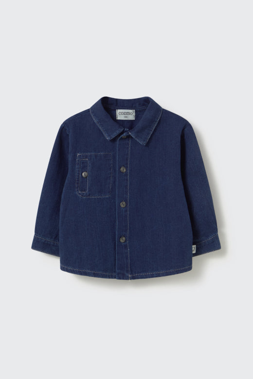 Cozmo navy herringbone twill denim baby shirt with button front, classic collar and chest patch pocket