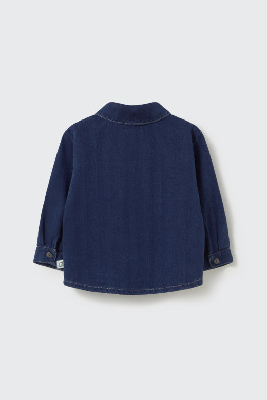 Cozmo navy herringbone twill denim baby shirt with button front, classic collar and chest patch pocket