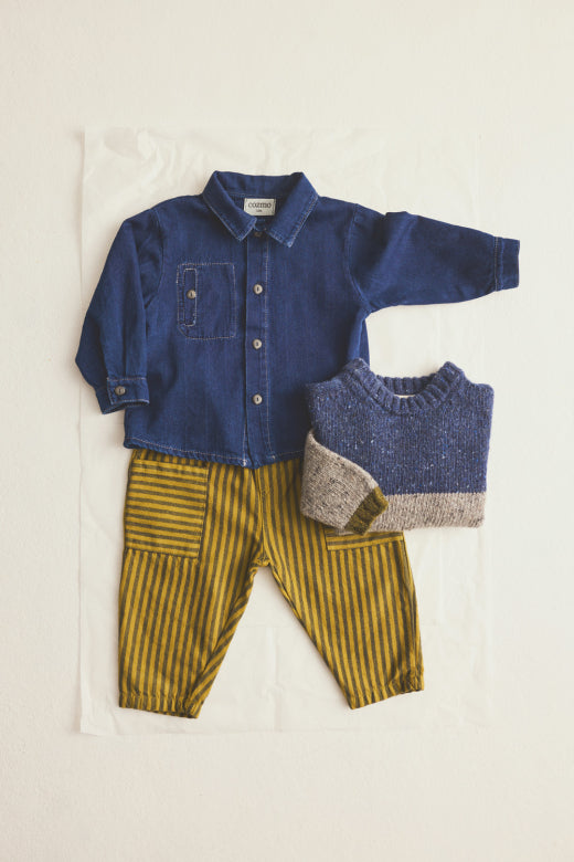 Cozmo navy herringbone twill denim baby shirt with button front, classic collar and chest patch pocket