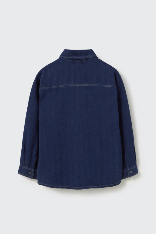Cozmo boys navy herringbone twill denim shirt with classic collar, button front and two patch chest pockets