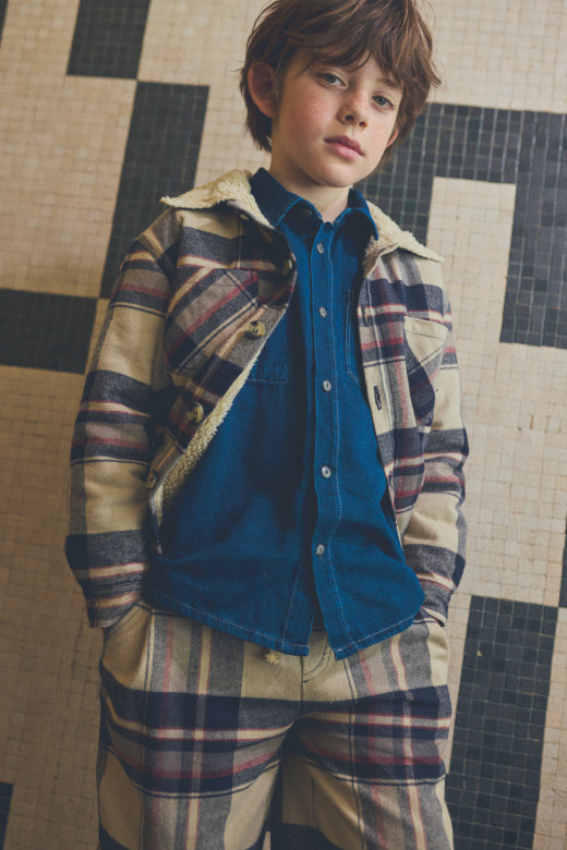 Cozmo boys navy herringbone twill denim shirt with classic collar, button front and two patch chest pockets