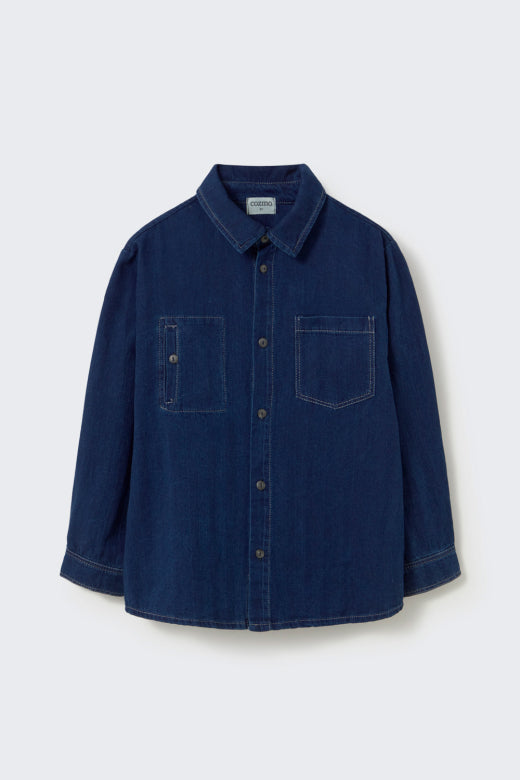 Cozmo boys navy herringbone twill denim shirt with classic collar, button front and two patch chest pockets