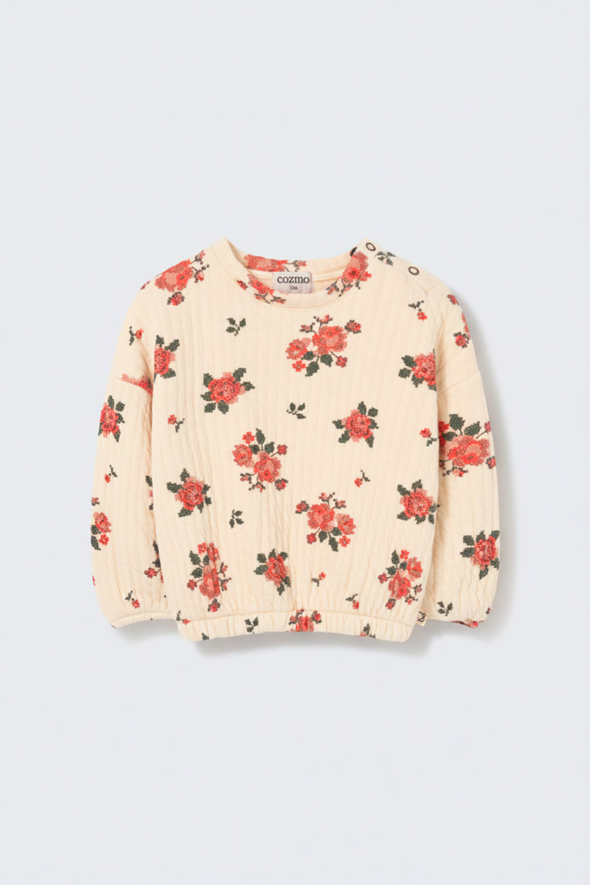 Cozmo ivory quilted baby sweatshirt with red floral print