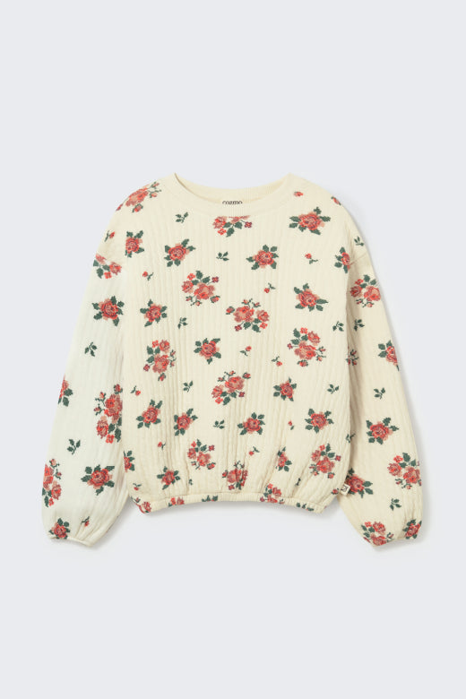 Cozmo girls ivory quilted sweatshirt with all-over red and green floral print, round neckline and elasticated hem