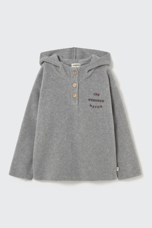 Cozmo boys soft bamboo hoodie in stone with button neckline, relaxed fit and The Weekend Match chest print
