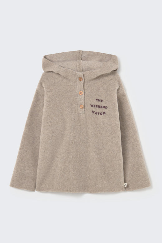 Cozmo boys soft bamboo hoodie in stone with button neckline, relaxed fit and The Weekend Match chest print