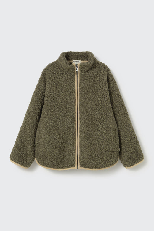 Cozmo boys green wool-blend sherpa jacket with high collar, zip closure, corduroy trim and front pockets