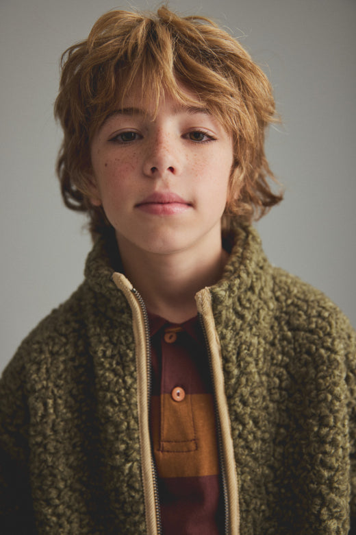 Cozmo boys green wool-blend sherpa jacket with high collar, zip closure, corduroy trim and front pockets