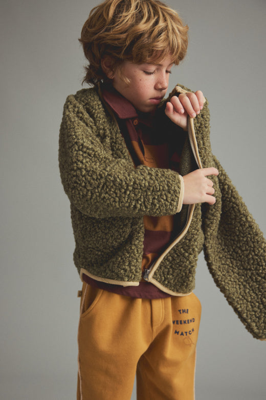 Cozmo boys green wool-blend sherpa jacket with high collar, zip closure, corduroy trim and front pockets
