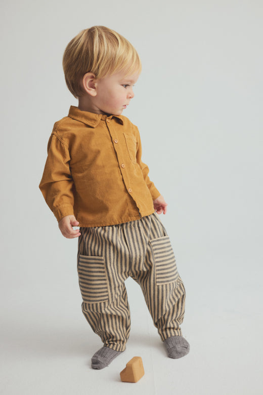Cozmo striped soft twill baby pants in green with contrasting vertical stripes and relaxed fit