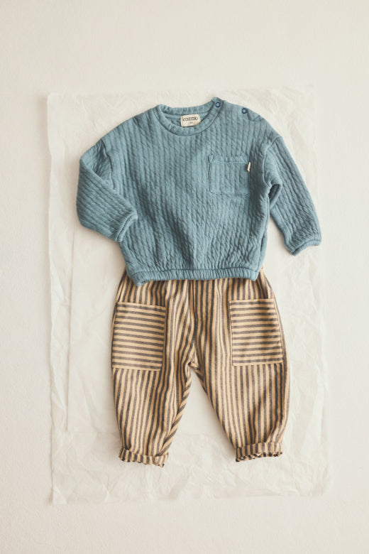 Cozmo striped soft twill baby pants in green with contrasting vertical stripes and relaxed fit