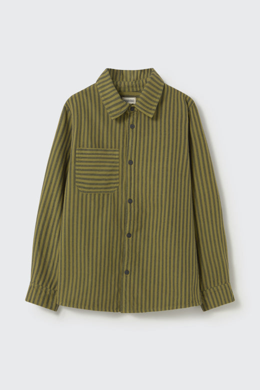 Cozmo kids striped soft twill shirt in stone with button front, classic collar and contrasting striped chest pocket