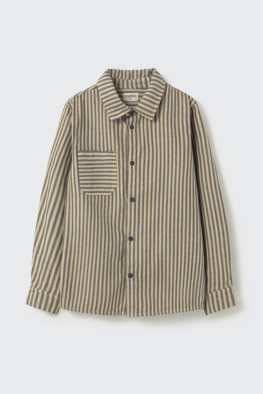 Cozmo kids striped soft twill shirt in stone with button front, classic collar and contrasting striped chest pocket