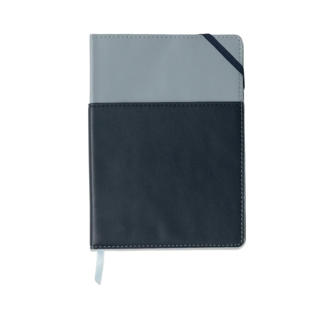 Blue and navy vegan leather pocket journal with color block design and elastic closure
