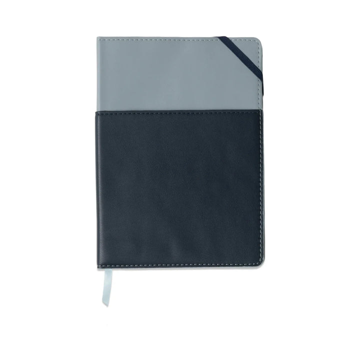 Blue and navy vegan leather pocket journal with color block design and elastic closure
