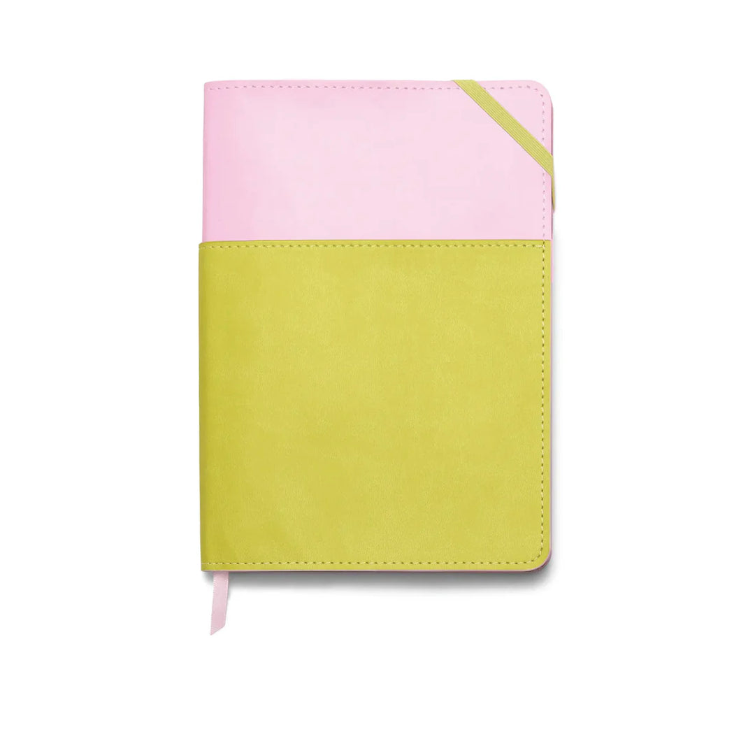 Blue and navy vegan leather pocket journal with color block design and elastic closure
