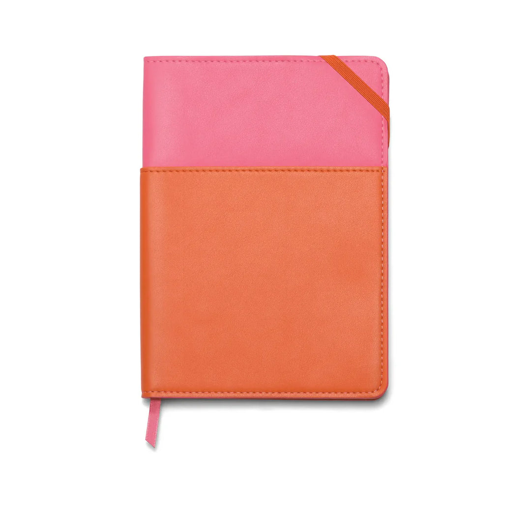 Blue and navy vegan leather pocket journal with color block design and elastic closure
