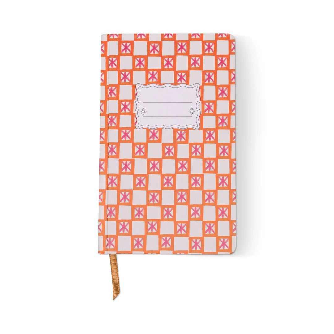 orange check patterned journal notebook with ribbon bookmark
