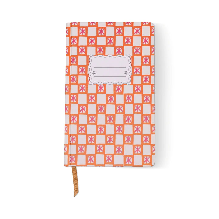 orange check patterned journal notebook with ribbon bookmark
