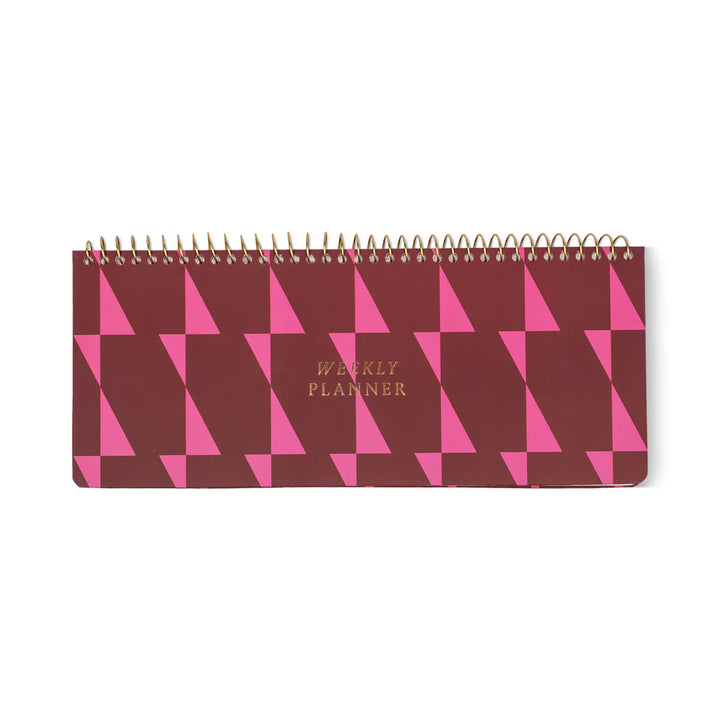 Colorful weekly planner pad with patterned design and spiral binding for desk organization
