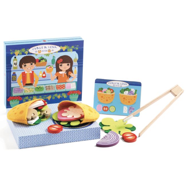 Djeco Cyrus & Lena kids pita pretend play set with wooden and felt food, menu and serving tongs