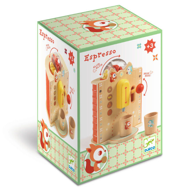 Djeco Espresso kids wooden coffee machine with pretend coffee beans and two mugs