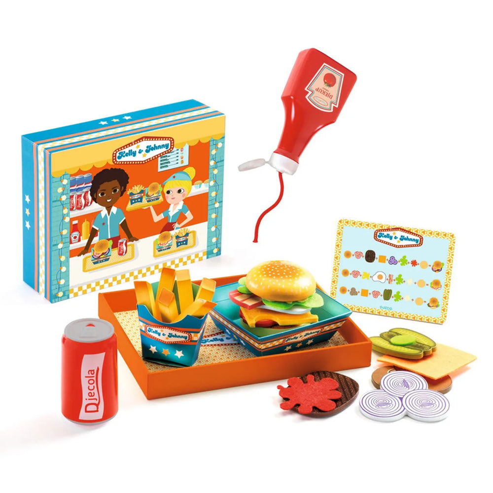 Djeco wooden burger play set with fries and drink
