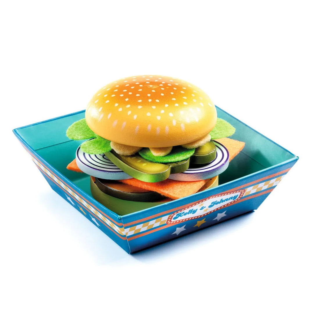 Djeco wooden burger play set with fries and drink
