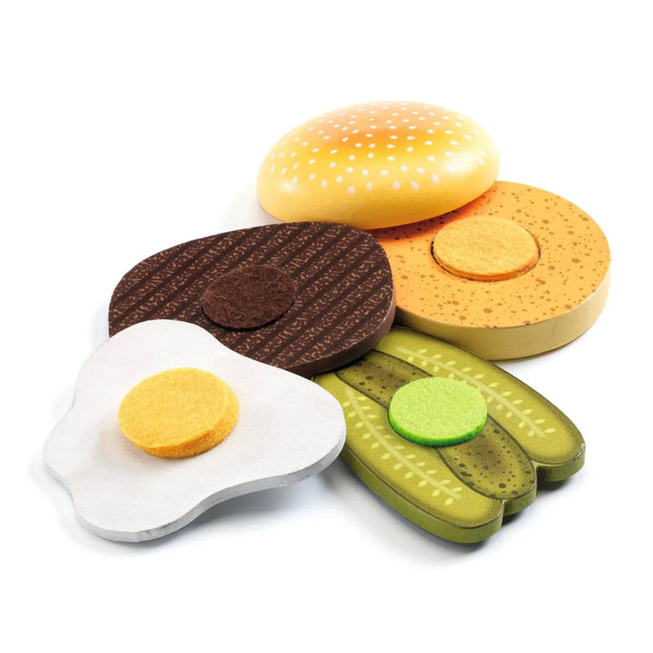 Djeco wooden burger play set with fries and drink
