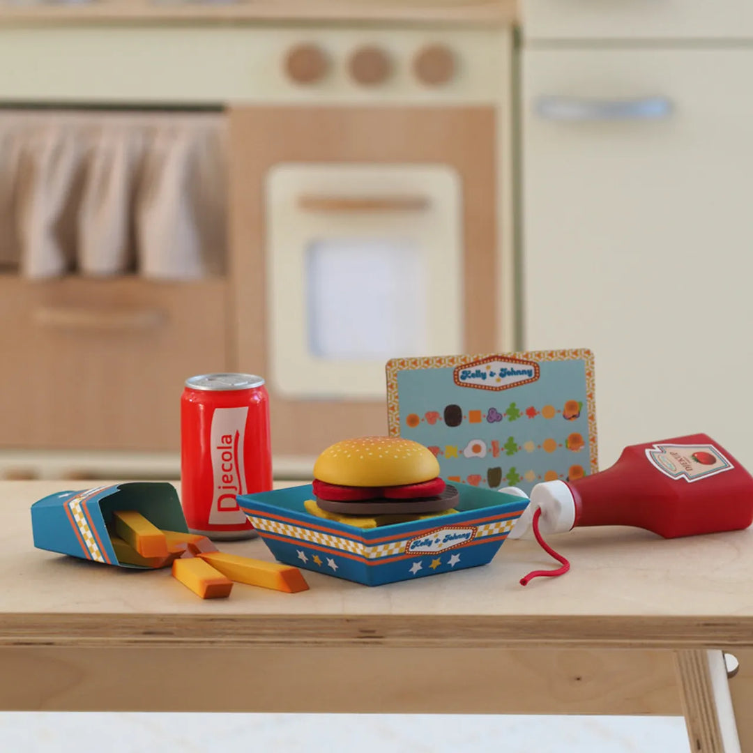 Djeco wooden burger play set with fries and drink
