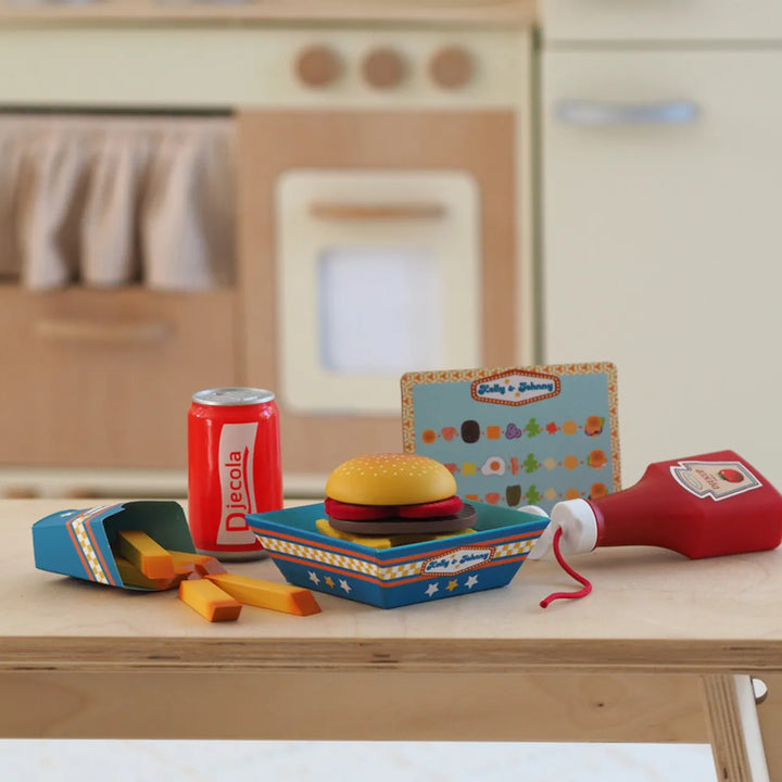 Djeco wooden burger play set with fries and drink
